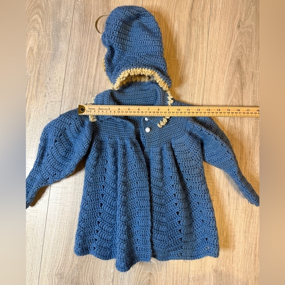 Vintage Hand-Crocheted Baby Sweater & Bonnet Set Blue Cream Trim Handmade - Picture 5 of 7